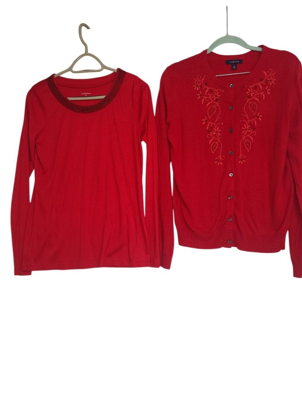 Lands' End Red Beaded Cardigan Sweater & Beaded Scoop Neck Top Bundle S